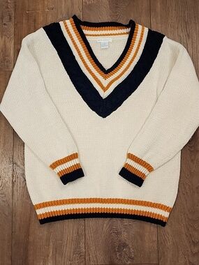 Vintage Jamie Scott V-Neck Cable Knit Trim Tennis Prep Sweater Cotton size Small